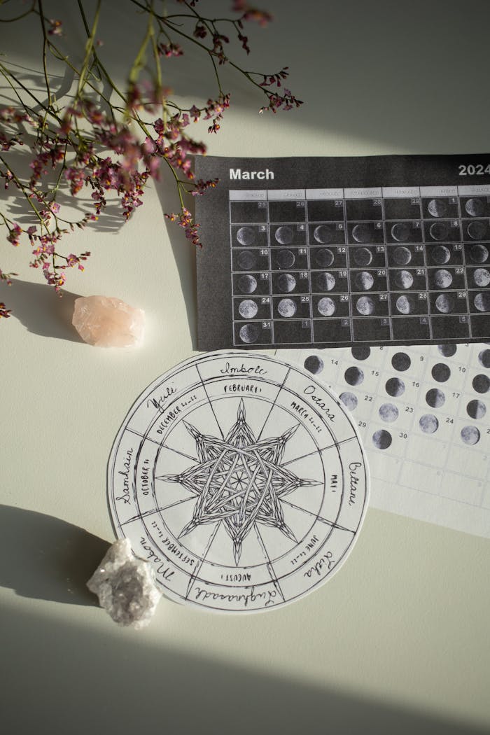 Aesthetic top view of a moon phases calendar with crystals and flowers on a desk.